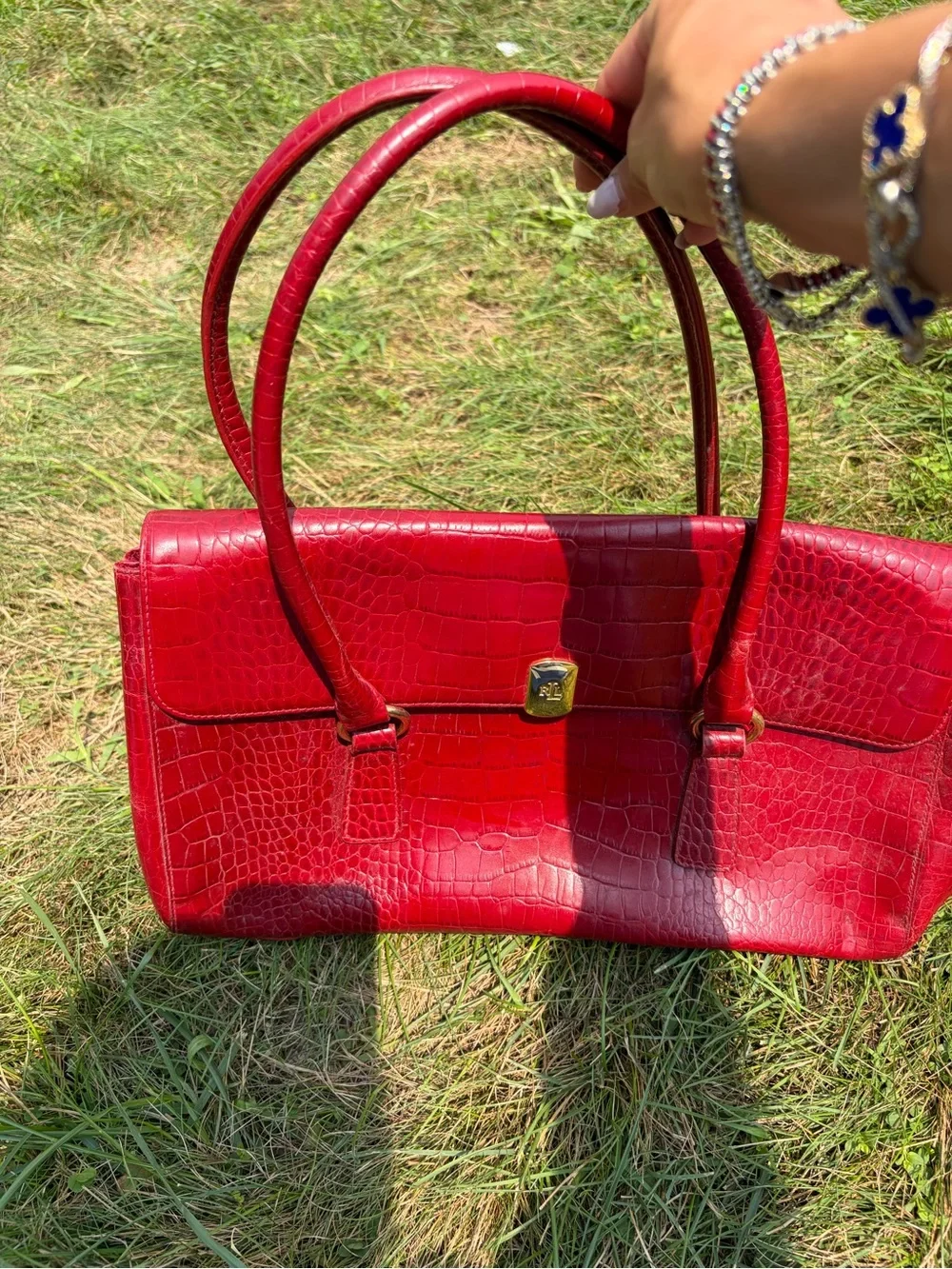 Lauren Ralph Lauren Ruby Croc-Embossed Leather Satchel with Gold Hardware